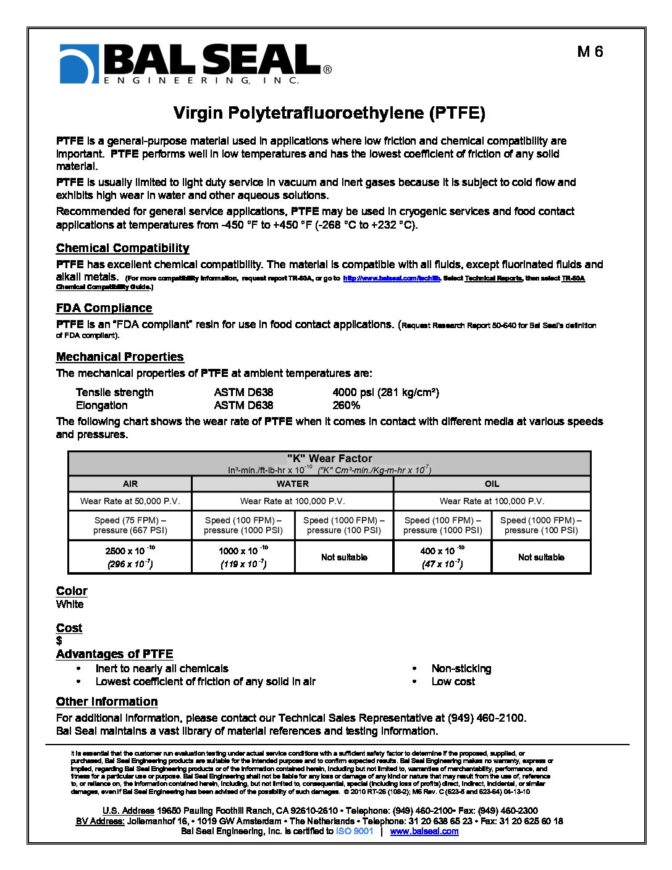 Polytetrafluoroethylene (PTFE) Seal Materials Bal Seal Engineering
